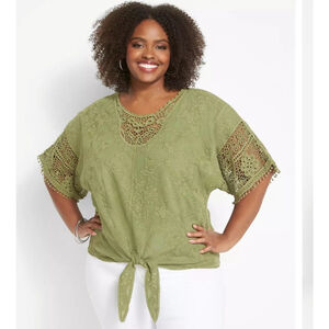 Lane Bryant Plus 2X Olive Green Embroidered Crochet Blouse